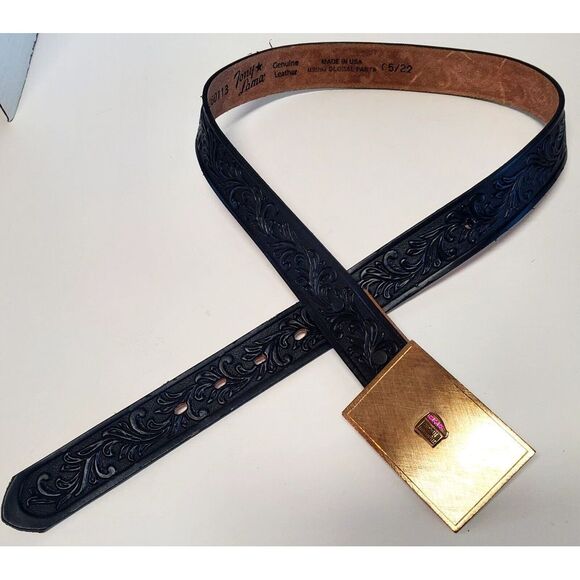 Tony Lama Belt Blk 30 w/ VTG Metalcraft Mayville Brushed Gold Buckle w/ Gems USA - Picture 2 of 16
